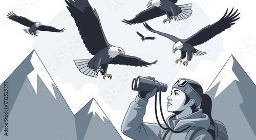 Explorer Observing Majestic Eagles Circling Mountains With Binoculars in Flight