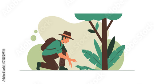 Explorer Observing Reptile In Natural Habitat Amidst Tropical Environment Elements