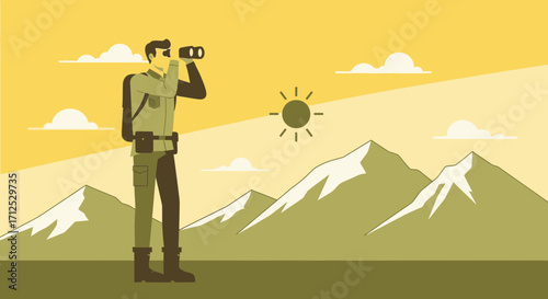 Explorer Observing Scenic Mountains Through Binoculars Under a Bright Sunny Sky View