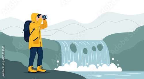 Explorer Observing Scenic Waterfall And Mountain Range With Binoculars In Nature