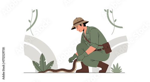 Explorer Observing Snake In The Jungle, Nature Conservation Or Wildlife Research