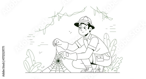 Explorer Observing Spider And Web In Jungle, Detailed Illustration, Line Art Style