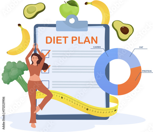 Woman practicing yoga near diet plan, healthy food and measuring tape