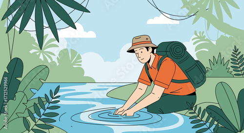 Explorer Pauses to Refresh Himself By Touching Refreshing and Pristine Water in Jungle Setting