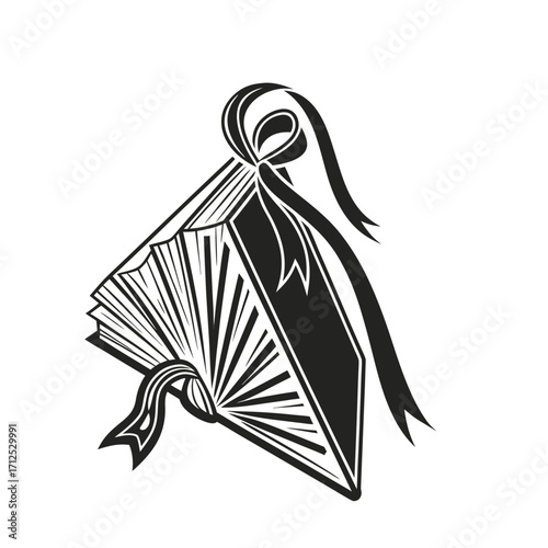 Monochrome vector illustration of an antique book with fanned pages and elegant ribbon ties, a symbol for education or literature