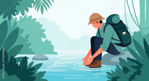 Explorer Seeking Fresh Water In A Jungle Stream For Refreshment And Hydration