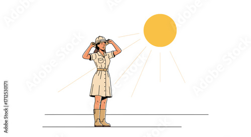 Explorer Shielding Eyes From Intense Sun, Minimalist Illustration Depicting a Sunny Day