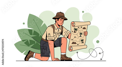 Explorer Searching Treasure Map With Tropical Landscape And Directional Arrows