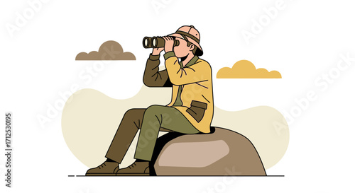 Explorer Searching, Observing, Examining Terrain With Binoculars in an Outdoor Adventure