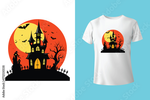 Black t shirt featuring a spooky halloween moon and bats design