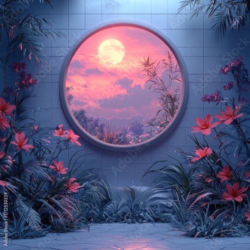 Full Moon Glowing Through Round Window Surrounded by Tropical Plants