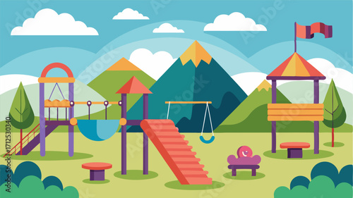A playground paradise for children featuring swings slides and climbing structures.