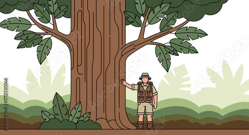 Explorer Standing Beside a Massive Tree in Jungle, Cartoon Illustration, Isolated on White