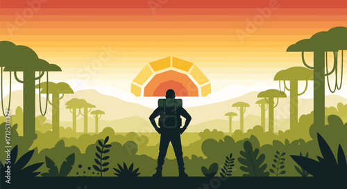 Explorer Stands Observing Glorious Sunset Over Forest Landscape With Backpack