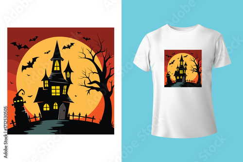 Black t shirt featuring a spooky halloween moon and bats design