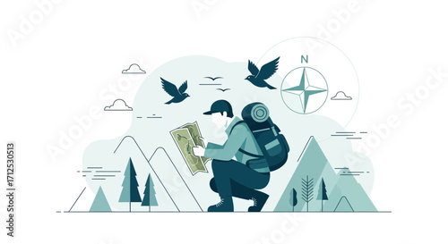 Explorer Studying Map Amidst Mountainous Terrain and Celestial Navigation Instruments