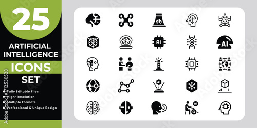 Artificial Intelligence Icons Set with Brains and Circuits