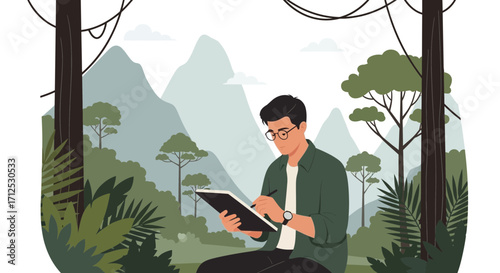 Explorer Taking Notes In The Wilderness, Studying Wildlife And Environmental Science