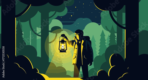 Explorer Traversing Forest Pathway Illuminated by Lantern in the Starry Night
