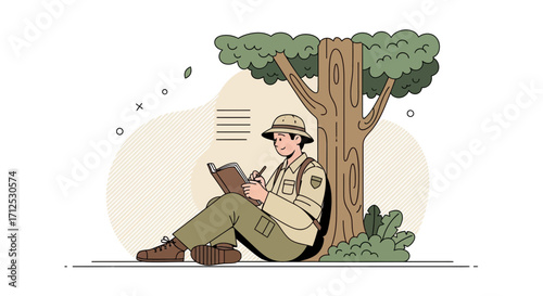 Explorer Under Tree: Nature Enthusiast Documenting Observations In a Relaxing Forest Scene