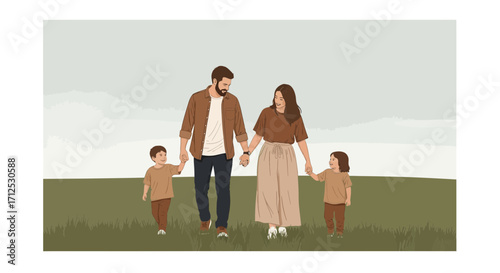 Family Walk Illustration Depicting Parents And Children Enjoying A Leisurely Stroll Together