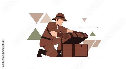 Explorer Unveils Treasure Chest, Ancient Discovery, Illustration, Vector, Expedition