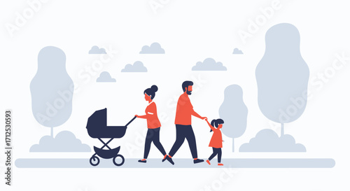 Family Walking In The Park Near Trees, A Simple Illustration Showing Parenthood
