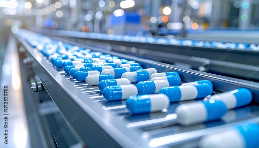 Fototapeta premium A pharmaceutical conveyor belt carries blue, white, and red capsules through a busy facility—workers in blue uniforms and blurred machinery evoke industrial precision and the rhythm of medical innovat
