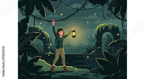 Explorer Walks Through Jungle, Illuminated by Lantern, Discovering Hidden Ruins