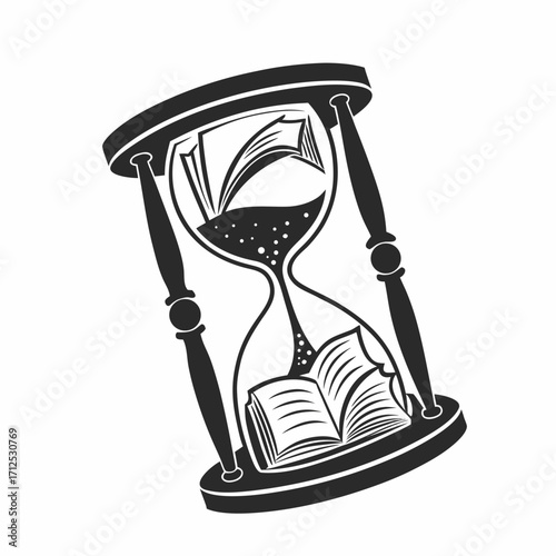 Knowledge flow and time passage represented by an hourglass filled with books and sand, symbolizing learning and the ephemeral nature of existence