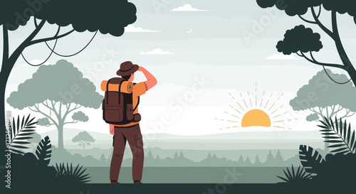 Explorer Watching Sunrise Over Forest, Adventure, Nature, Expedition, Outdoor Activity