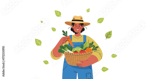 Farmer Holding A Basket Of Fresh Harvested Vegetables With A Cheerful Smile
