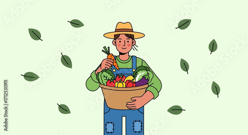 Farmer Harvesting Fresh Vegetables From The Field With Autumnal Leaves Design