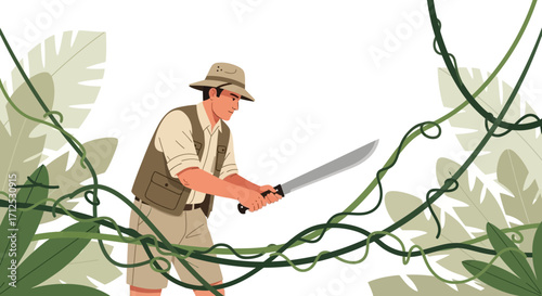 Explorer With Machete Amidst Jungle Foliage, Navigating Tropical Terrain