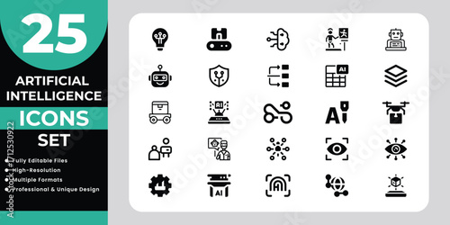 AI Icons Set with Robots, Drones, and Data Symbols
