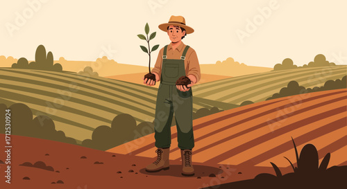 Farmer Holding Sapling in Field Ready to Commence the Planting Process of Seedling
