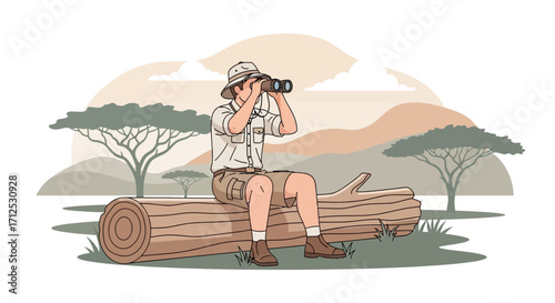 Explorer With Binoculars Sitting on a Log, Surveying African Savannah Landscape