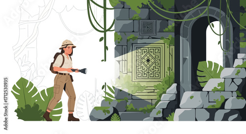 Explorer With Flashlight Stands Before Ancient Ruins, Searching In Verdant Jungle