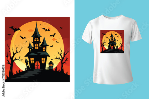 Black t shirt featuring a spooky halloween moon and bats design