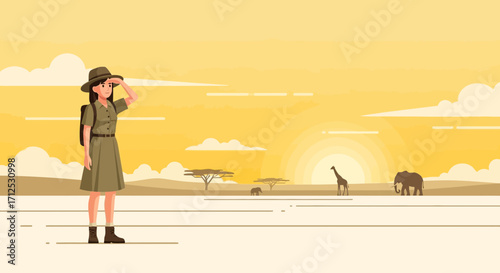 Explorer Witnessing African Savannah Sunrise And Observing Wildlife in a Peaceful Wilderness Scene