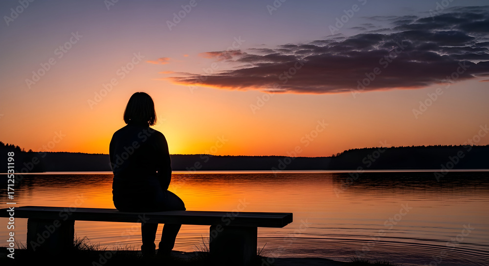 Fototapeta premium Woman Sitting Dark Silhouette on Bench at Vibrant Orange Sunset Lake View