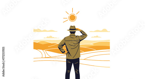 Farmer Observing The Scenery Under The Bright Sun, Contemplating The Harvest's Future