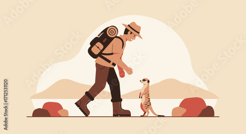 Explorer's Encounter: A Journey With A Meerkat In The Desert Landscape