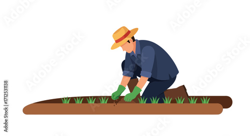 Farmer Planting In The Field: An Illustration About Healthy Agriculture and Farming Practices