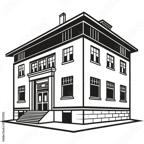 Detailed black and white illustration of a stately classical building with a grand entrance and large windows, evoking a sense of history and permanence