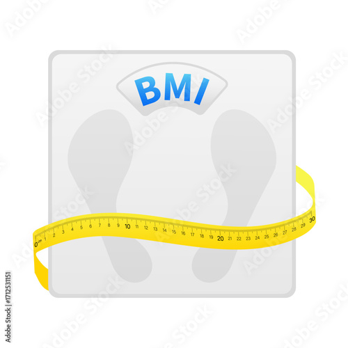 Measuring tape wrapped around bathroom scale displaying BMI, promoting health and weight management