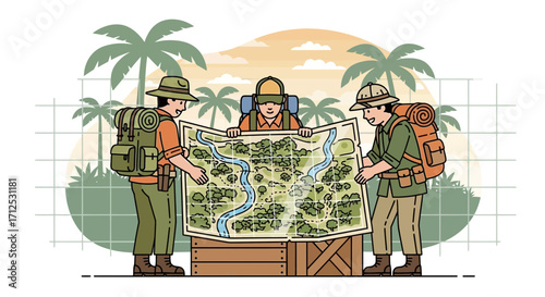 Explorers Examining Map Amidst Tropical Landscape For Expedition Journey Adventure