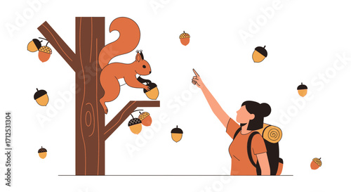 Exploring Nature: A Woman Observes a Squirrel Gathering Acorns in Delightful Illustration