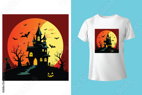 Black t shirt featuring a spooky halloween moon and bats design