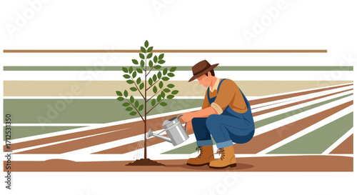 Farmer Weeding Sapling In Field With Watering Can For Sustainable Growth Initiative